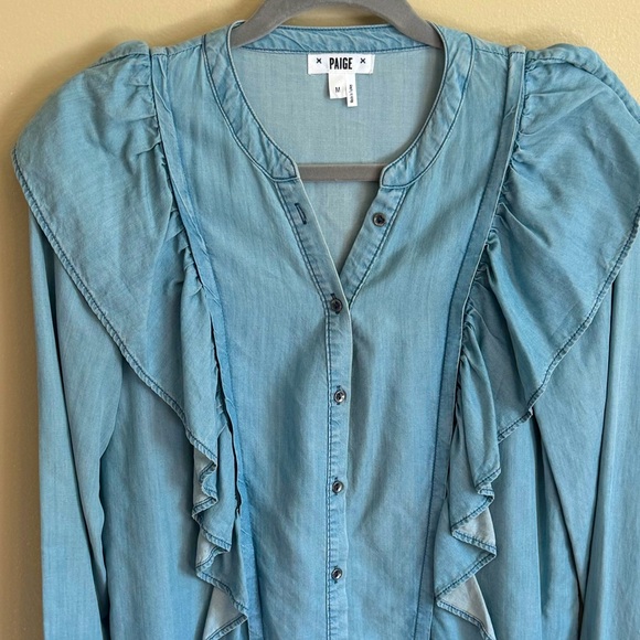 NWOT 🔹PAIGE Chambray Ruffled Button Down Tencel Long Sleeve Shirt (brand new!) - Picture 3 of 7